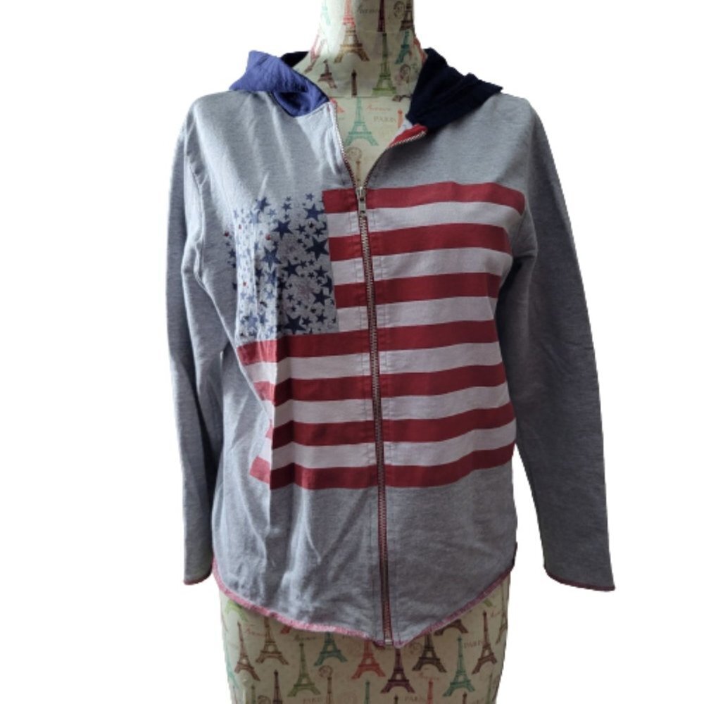 Vintage Fashion Bug S Full Zip LS Hooded American Flag Sweatshirt Hoodie